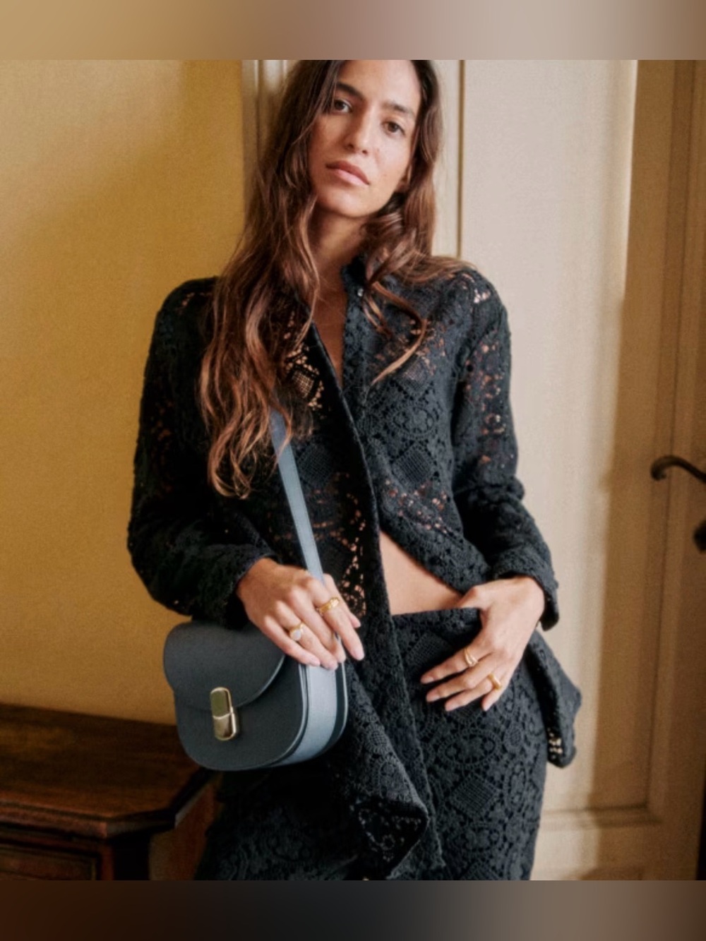 Sézane Black Oversized Crochet Marzia Button-down Shirt